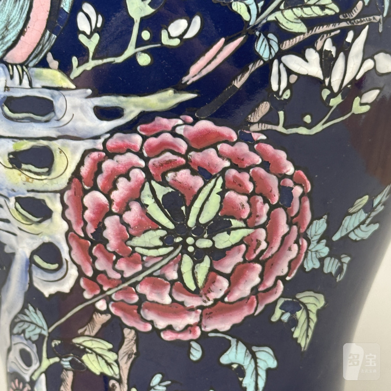 清中期 祭蓝釉粉彩洞石花鸟纹将军罐 - 图5
